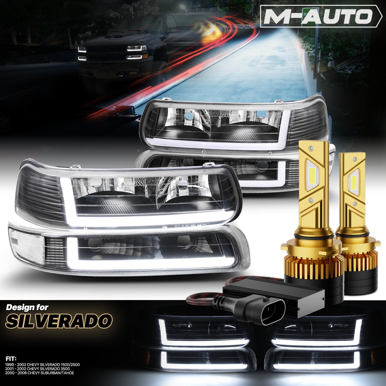 [LED LIGHT BAR DRL] Black Headlight+Bumper+6500K Bulbs
