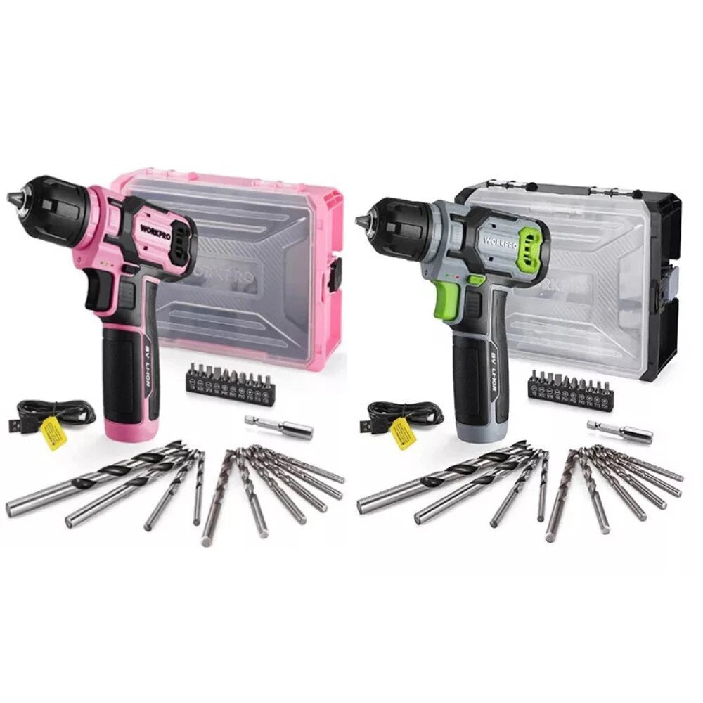 WORKPRO Power Drill Set Pink/Grey 8V Cordless Drill Driver Electric Screwdrivers