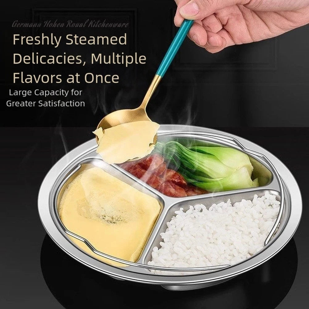 Steaming Plate Stainless Steel Three Compartment Tray With Handles