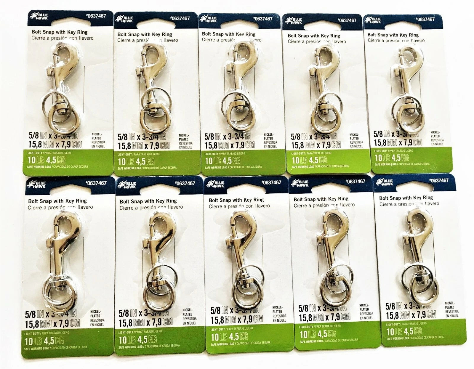 10 Blue Hawk 3-3/4 X 5/8 Swivel Dog Bolt Snap Nickel Plated Key Chain