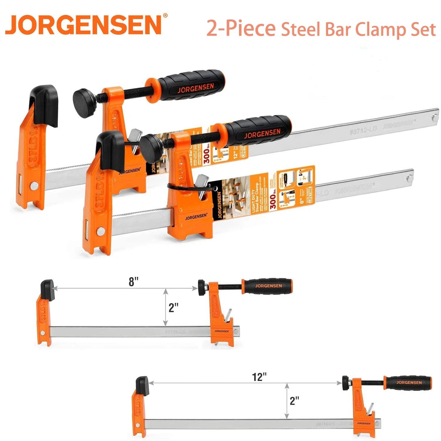 Jorgensen 2Piece Steel Bar Clamp Set Light Duty F-Clamp 8-inch&amp;12-inch Bar Clamp