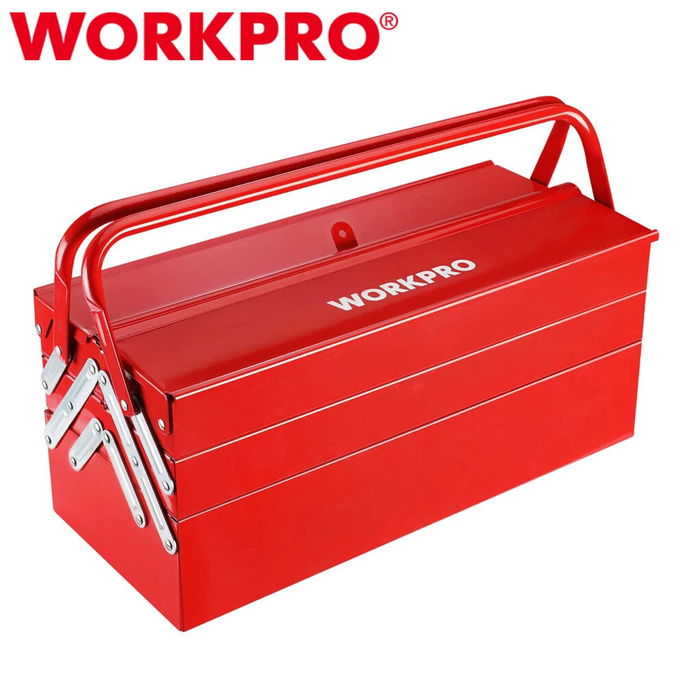 WORKPRO 18" Metal Tool Box Cantilever Folding Storage Box Tool Organizer 5-Trays