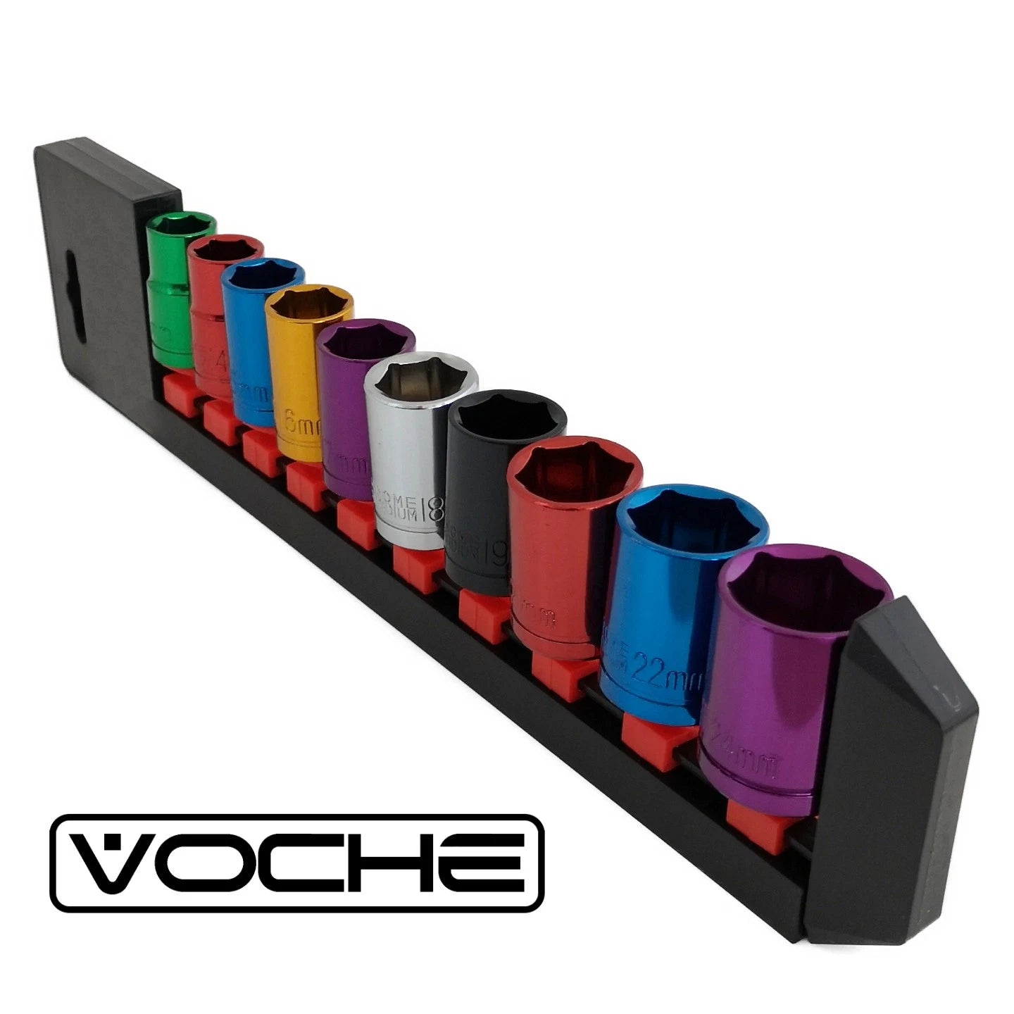 Voche® Pro 1/2" Shallow Drive Coloured Socket Set With Storage Rail