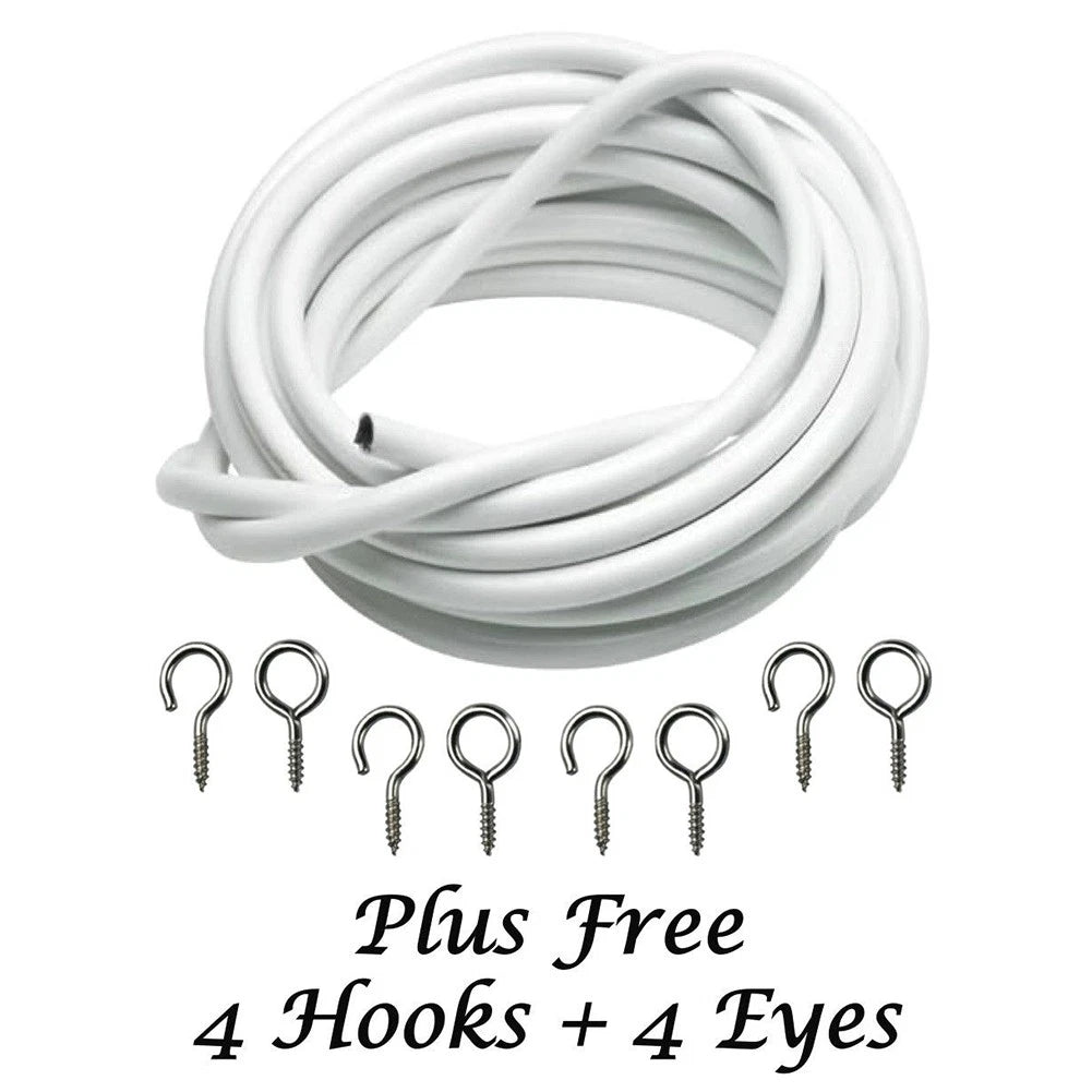 3/10 Metres White Net Curtain Window Wire Cord Cable With Hook And