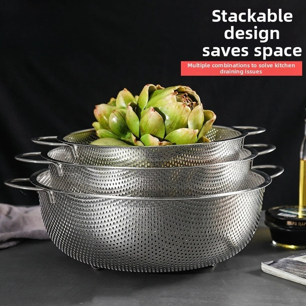 Kitchen Stainless Steel Basket With Small Holes Dual Handles And