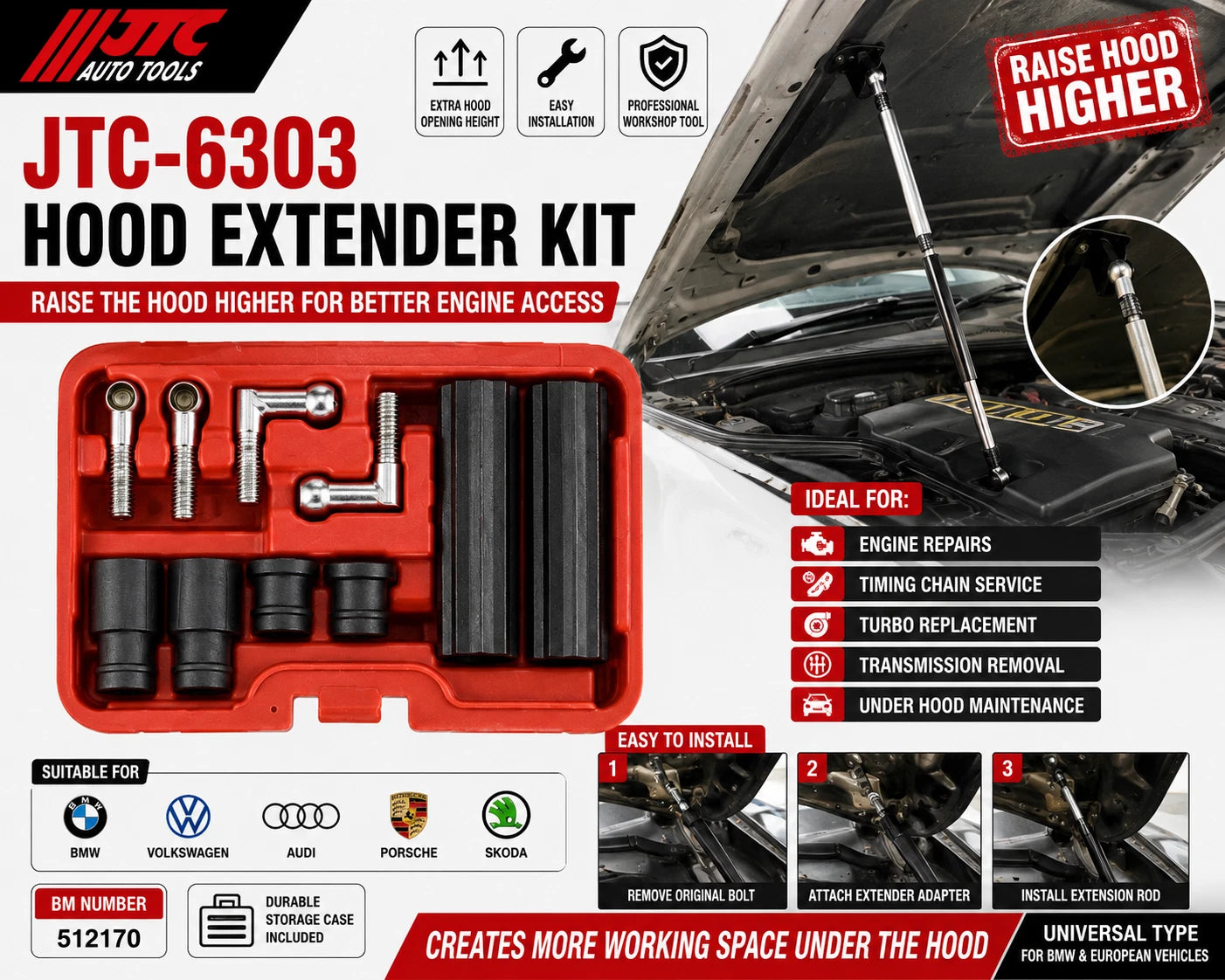 JTC-6303 Universal Hood Extender Kit For BMW VW Audi Porsche Skoda Bonnet Prop