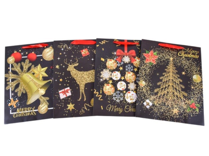Lot of 4pcs 15-3/4"x12" CHRISTMAS PAPER GIFT BAG SANTA ASST DESIGN BLK GOLD
