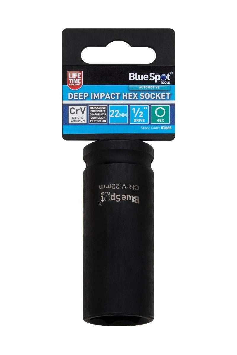 Blue Spot 1/2" Drive 22mm Deep Impact Socket 6 Point Hex Crv Steel