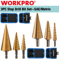 WORKPRO 3PC Step Drill Bit Set Steel Titanium Coated Drill Bits SAE/Metric w/Bag