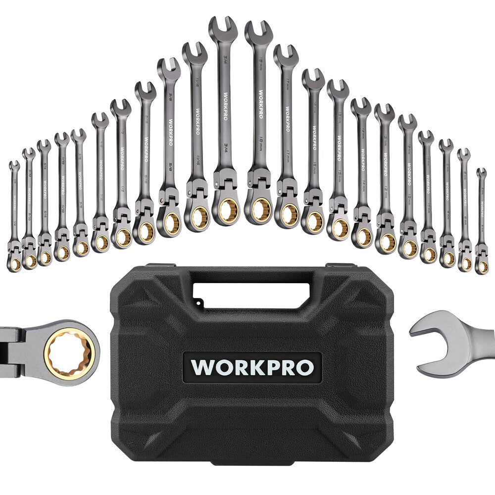 WORKPRO 22PC Flex-Head Ratcheting Wrench Set Metric 6-18mm SAE