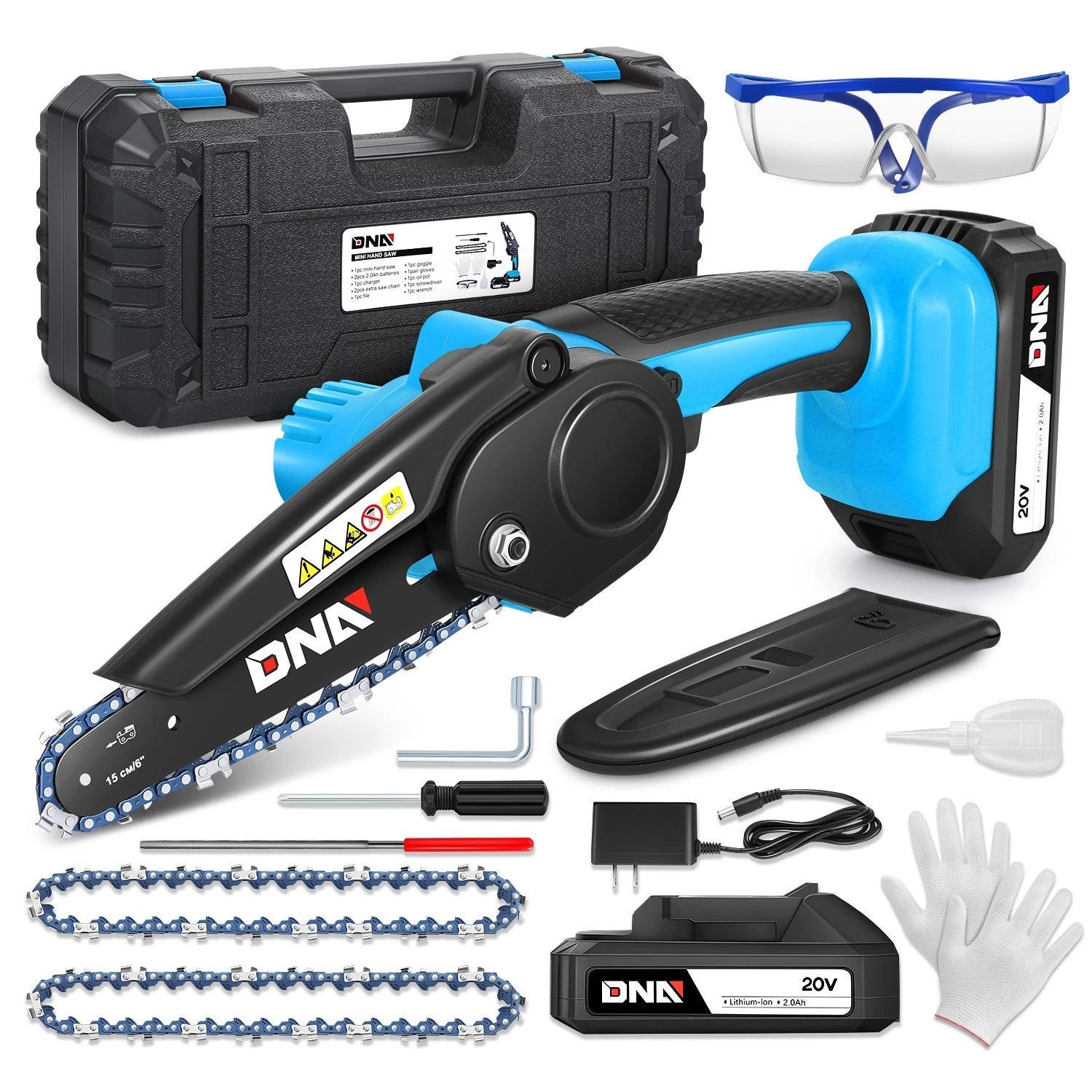 20V Cordless Rechargeable Blue Mini Chain Saw Set W/ 6" Chainsaw 2