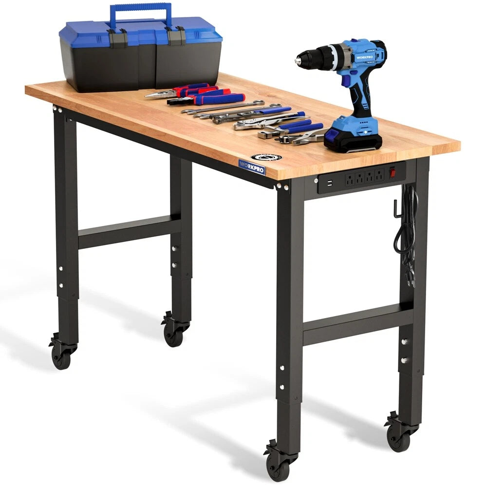 WORKPRO 48"X22" Adjustable Workbench with Wheel Rubber Wood Top Garage Workbench