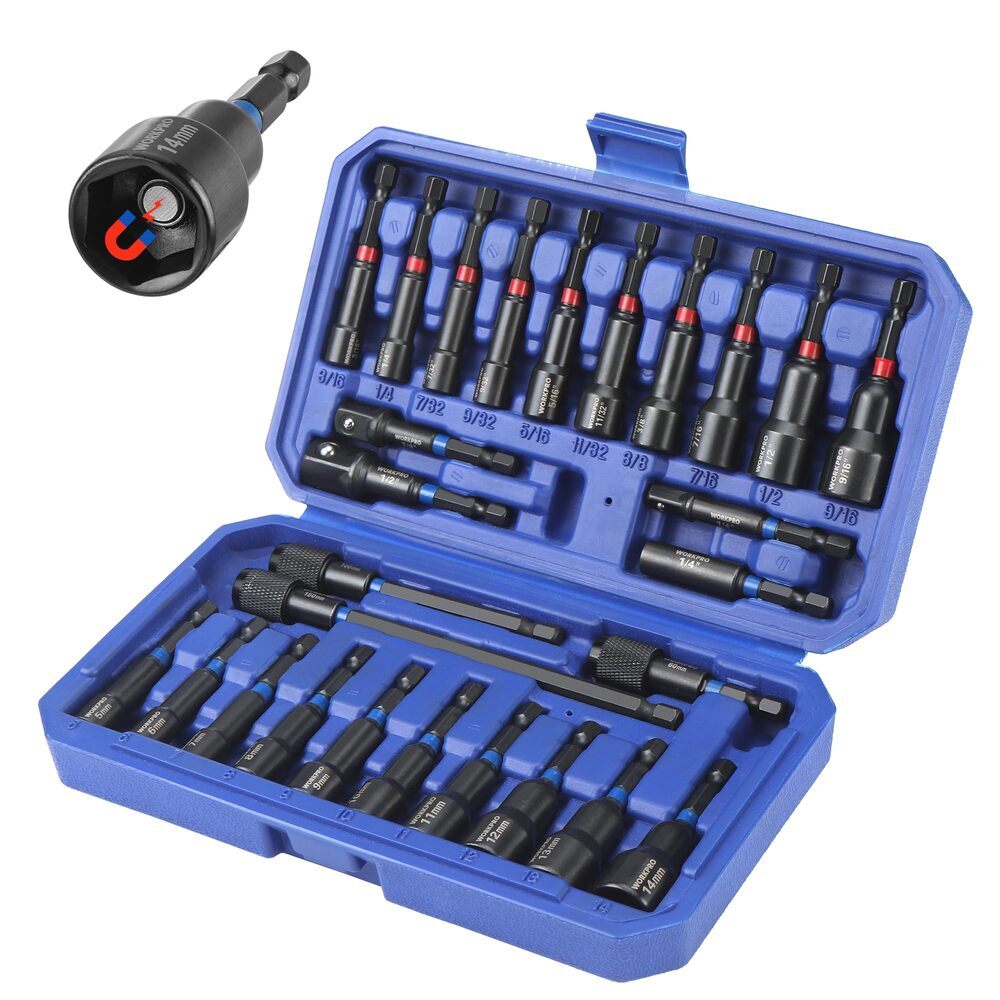 WORKPRO 27PC Magnetic Nut Driver Set Impact Drill Driver Bit 1/4" Hex
