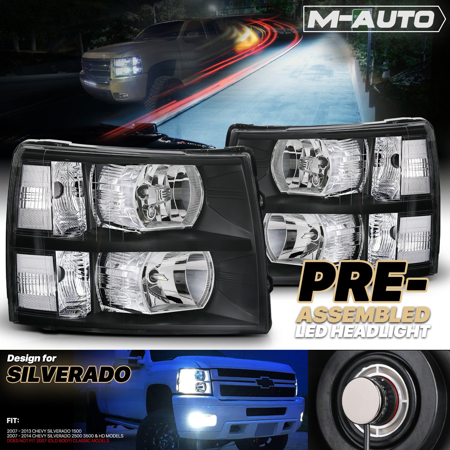 Pair Black Clear Headlights for Chevy Silverado