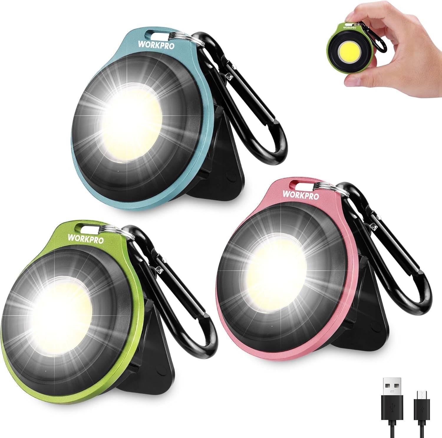 WORKPRO 3x Rechargeable COB Keychain Work Light Magnetic Fla