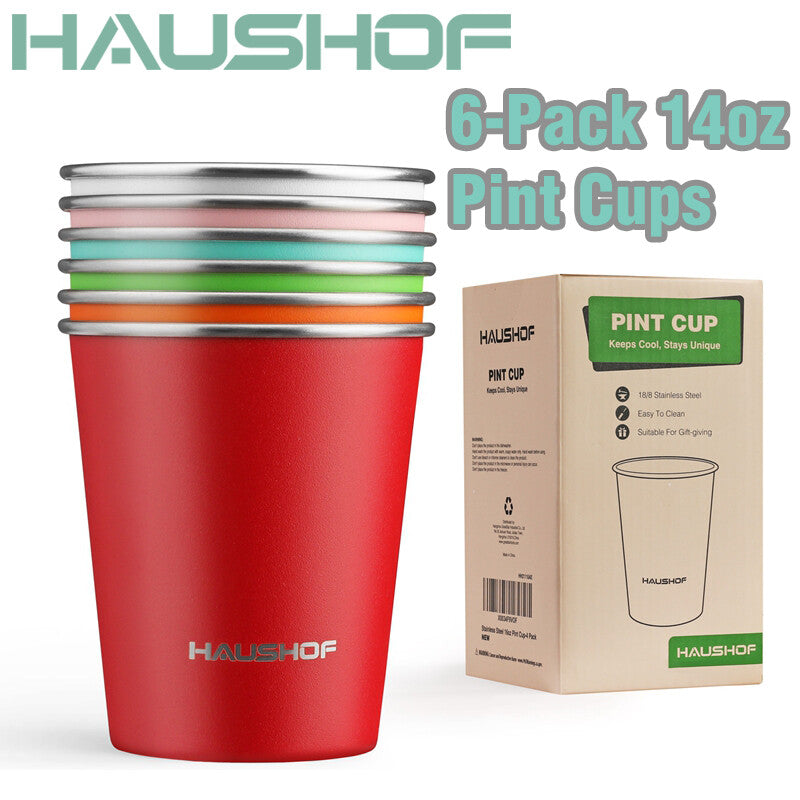 HAUSHOF 6 Pack 14oz Pint Cup Stainless Steel Cup Stackable Metal Beer