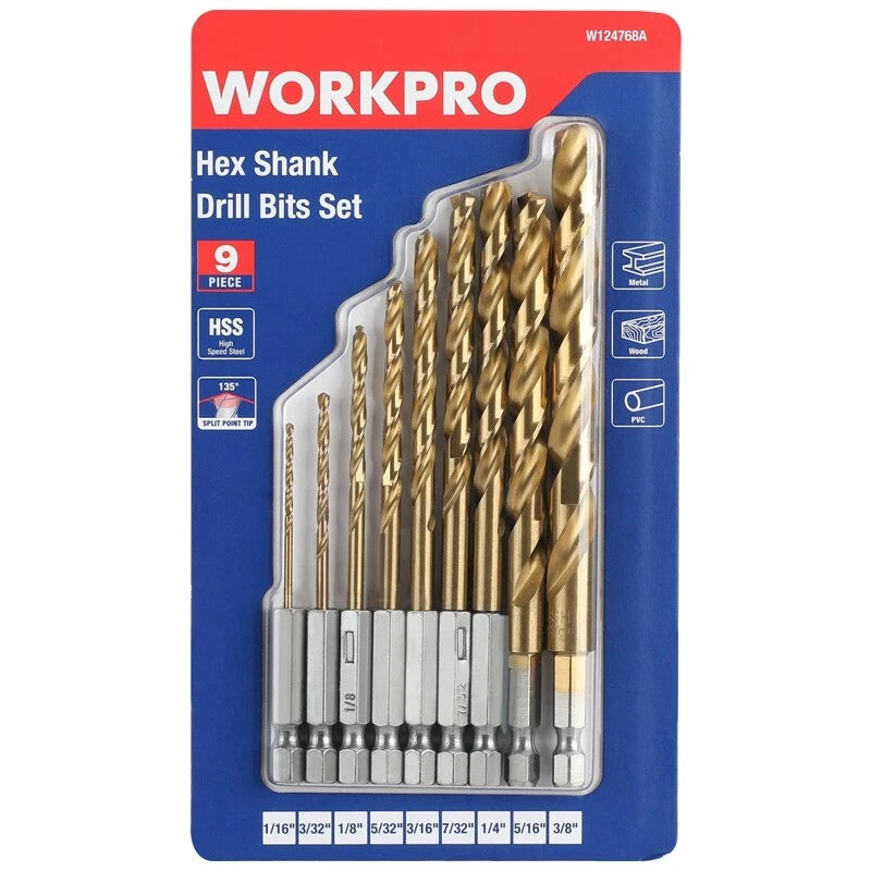 Workpro 9-piece 1/4" Hex Shank Drill Bit Set For Metal Steel Wood Pvc