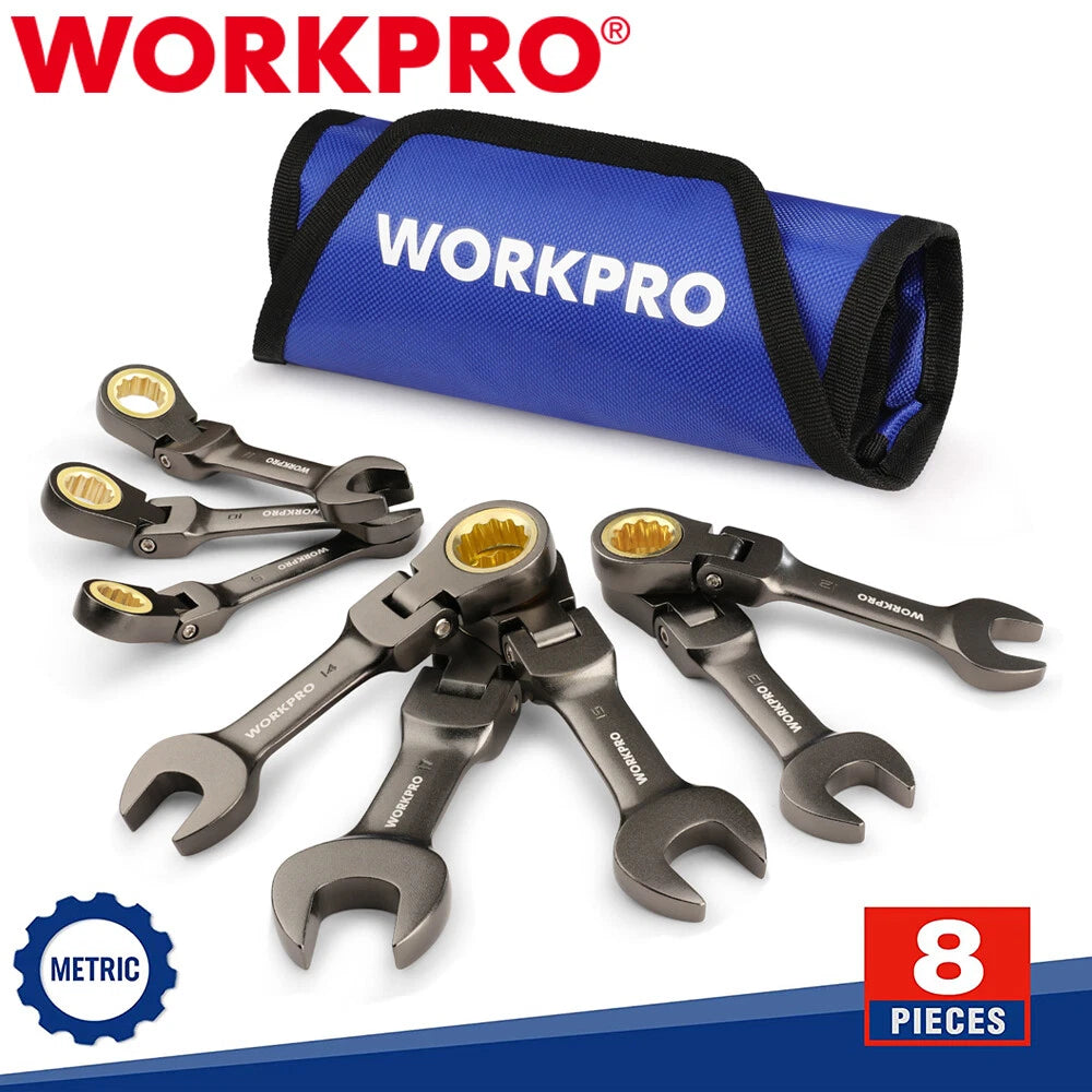 WORKPRO 8-Piece Flex-Head Stubby Ratcheting Combination Wrench Set 9-17mm Metric