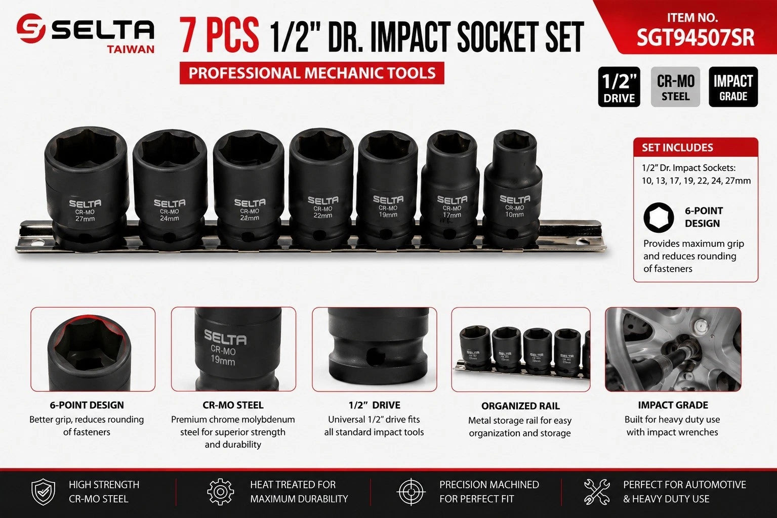 Selta Taiwan 1/2" Dr 6pt Cr-mo Regular Air Impact Socket Set:10-27mm