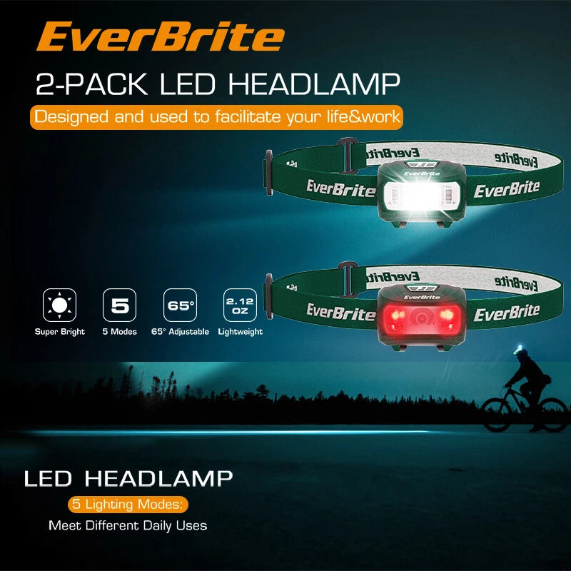 EverBrite 2-PACK Super Bright LED Headlamp Head Lamp 5 Lighting Modes Flashlight