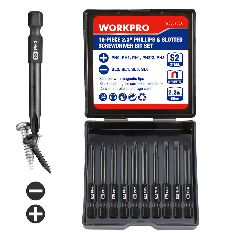 WORKPRO 10PCS Slotted Phillips Screwdriver Bit Set Magnetic 1/4" Hex