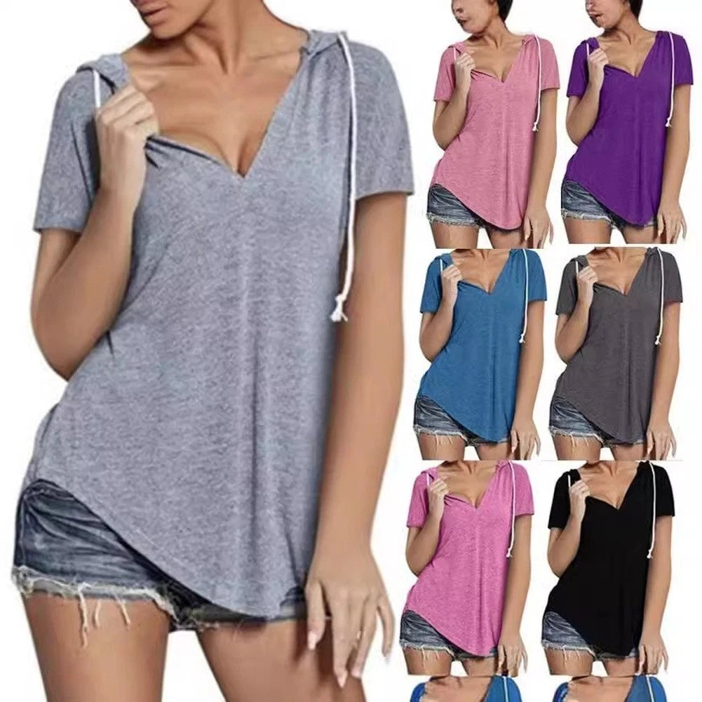 Womens V Neck Plus Size Polyester Short Sleeve T Shirt Loose Fit