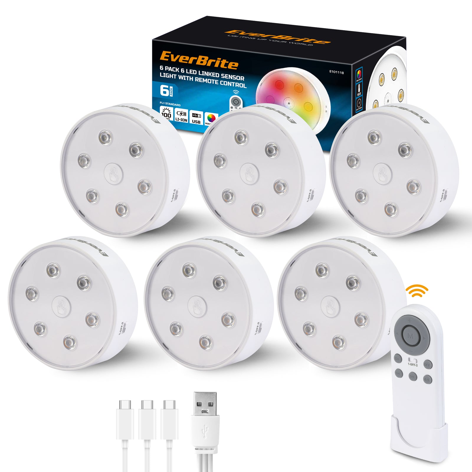 6-Pack EverBrite Puck Lights with Remote, Rechargeable 2000mAh Linked Sensor