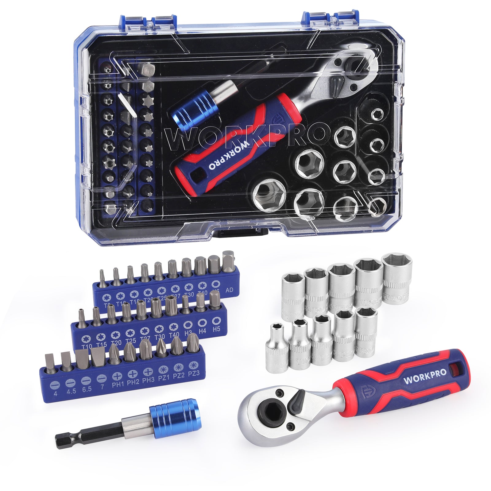 WORKPRO 42 PCS 1/4"Dr. Master Socket Set Metric w/ual Head Ratchet Qucik-Release