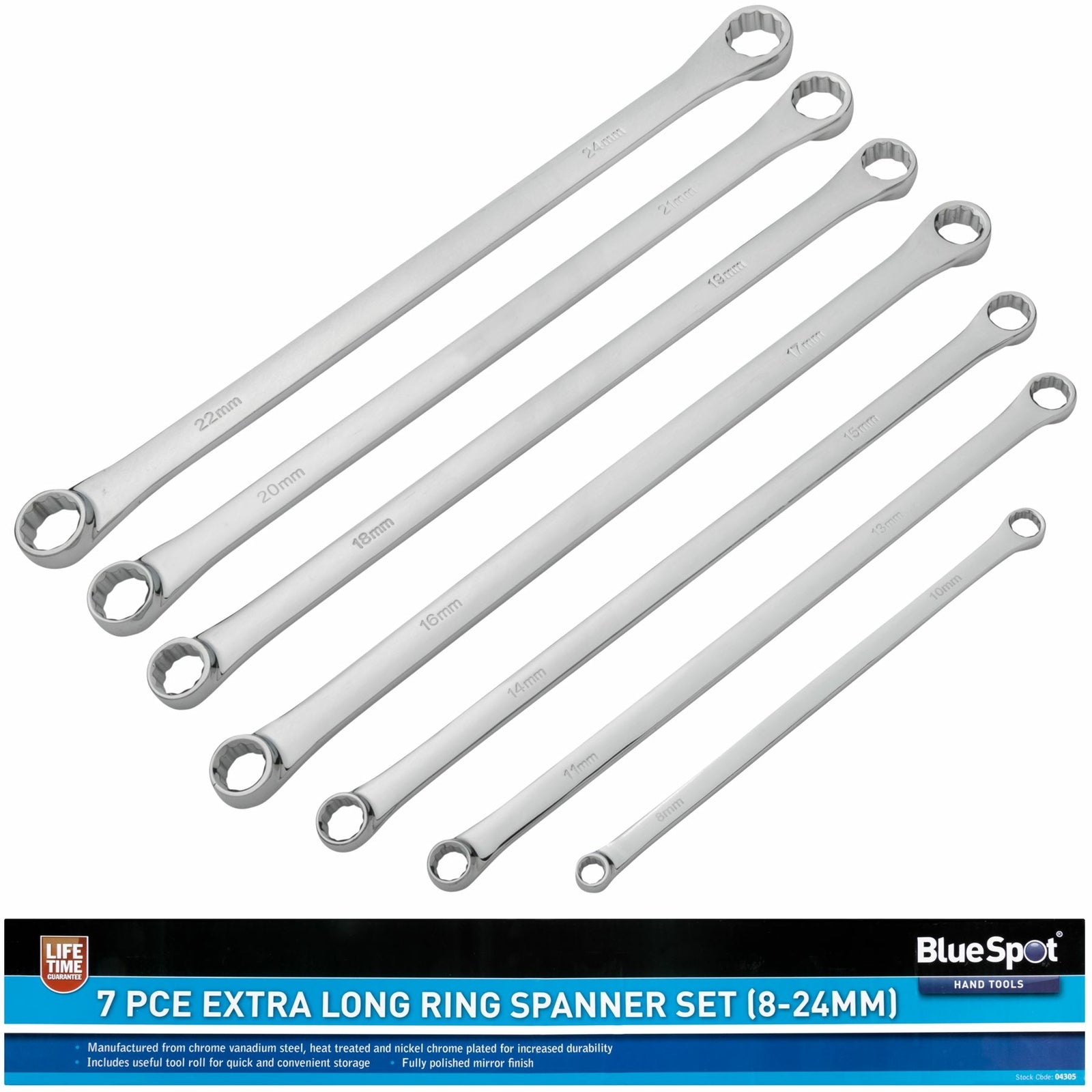 BlueSpot 7pc Extra Long Ring Spanner Set Aviation Double Ended Wrench 8 - 24mm by BlueSpot