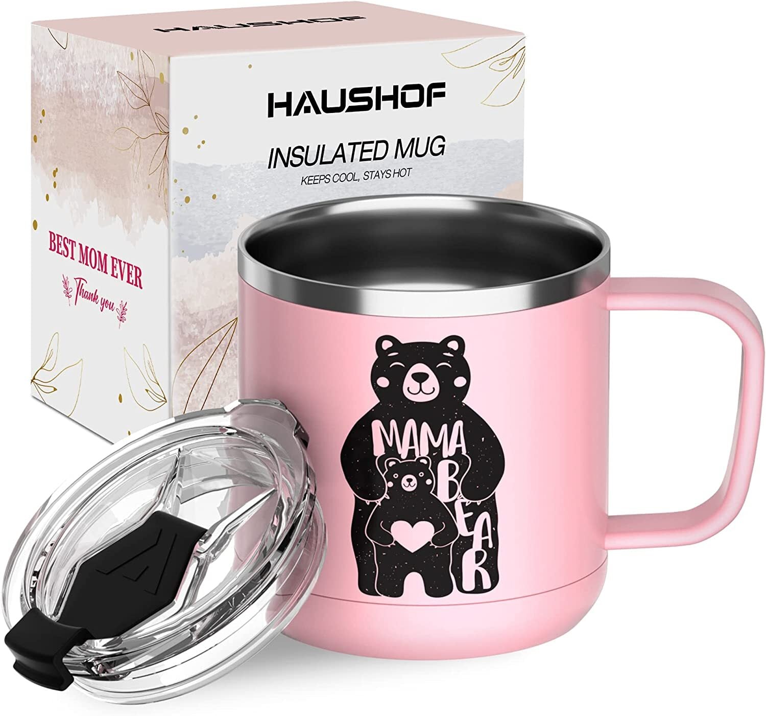 HAUSHOF Mothers Day Mug 14oz Stainless Steel Coffee Mug with Lid-Pink Mom Bear