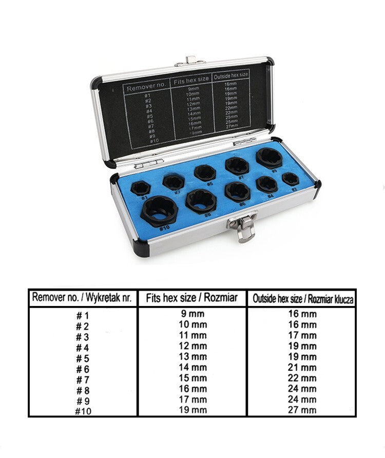 10pc 3/8" Drive Low Profile Socket 9-19mm Damaged Nut Stud Extractor