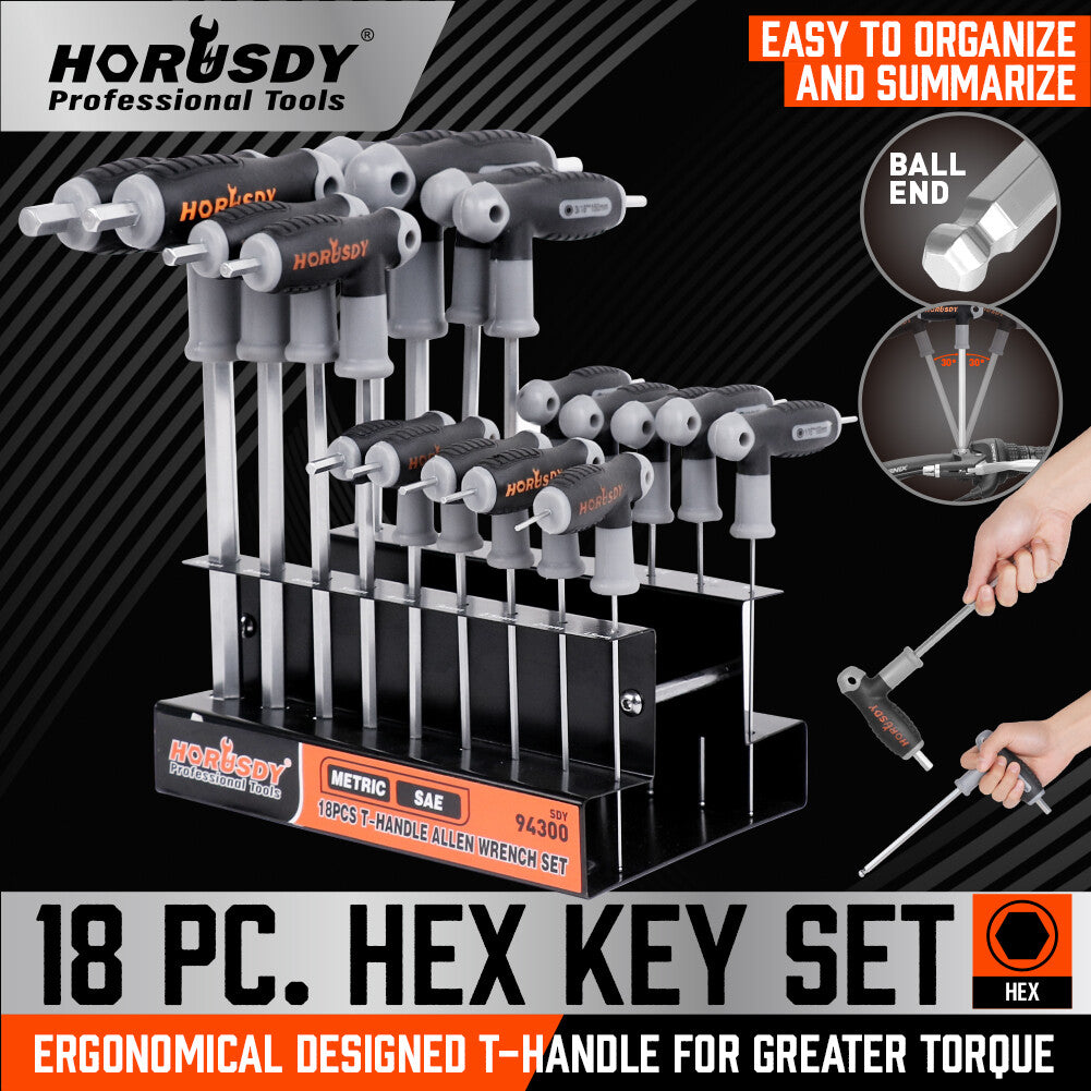 18 Pc Sae & Metric T Handle Allen Wrench Ball End Hex Key Set W/