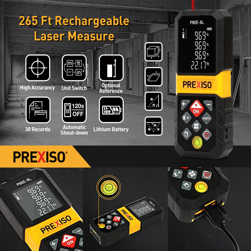 PREXISO 265Ft Rechargeable Laser Measure w/Multi-Measurement Units