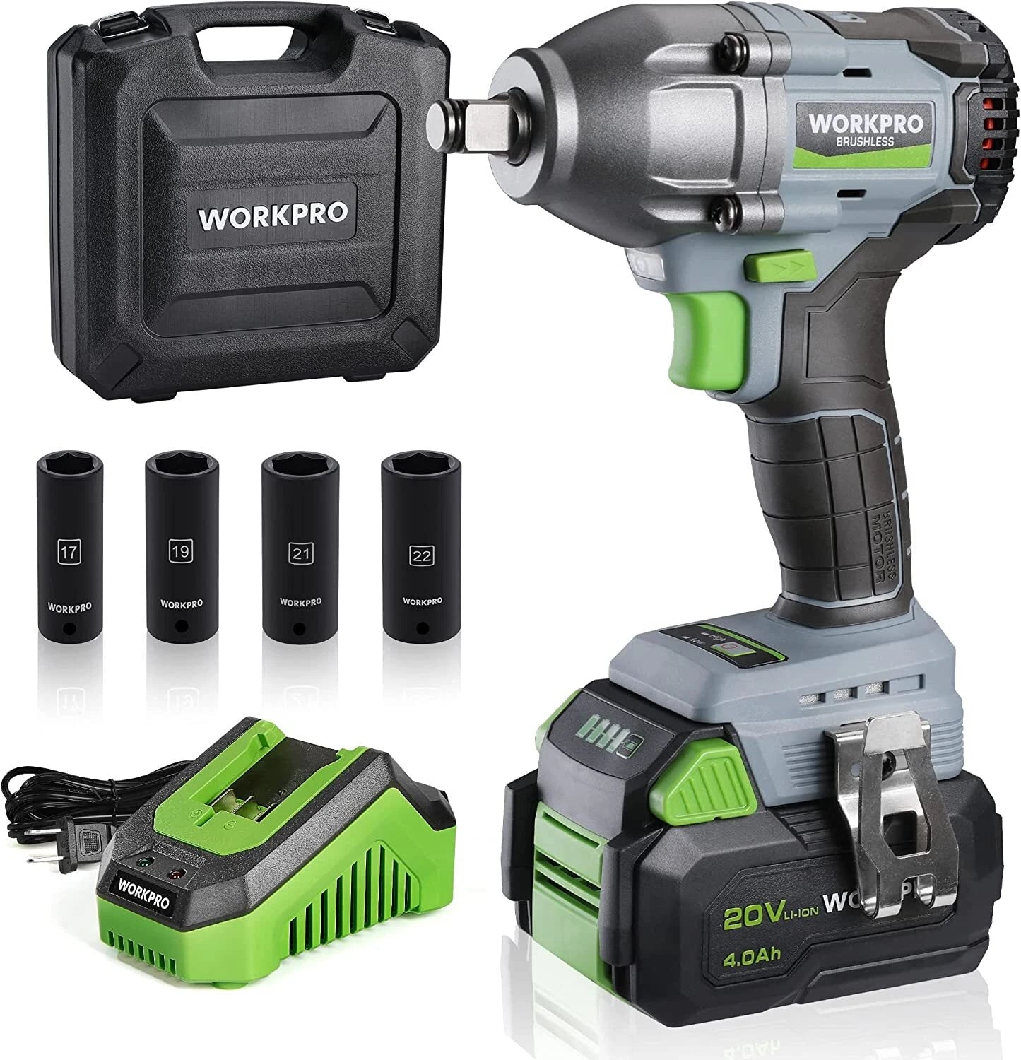 Workpro Cordless Impact Wrench 1/2 Inch, 20V Brushless W/4.0 Ah