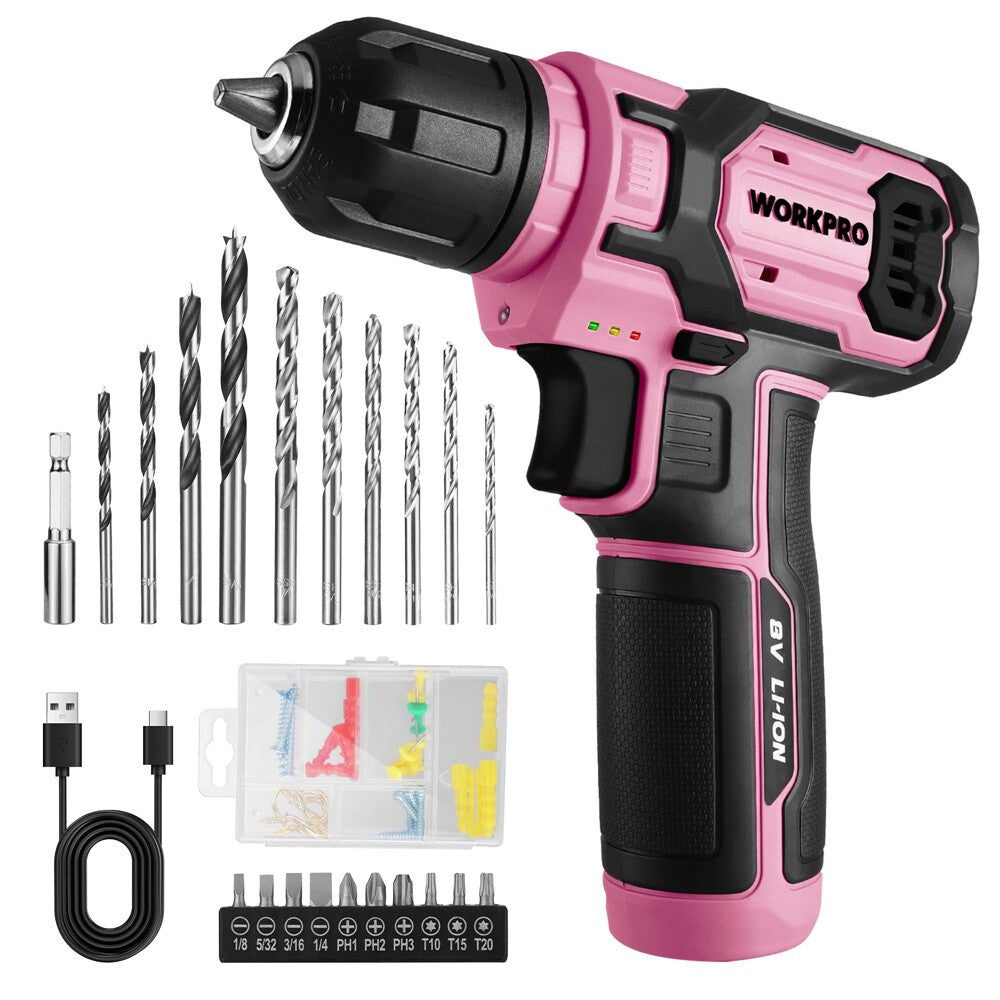 WORKPRO 53PC Pink Cordless Drill Driver Set 3/8 Keyless Chuck