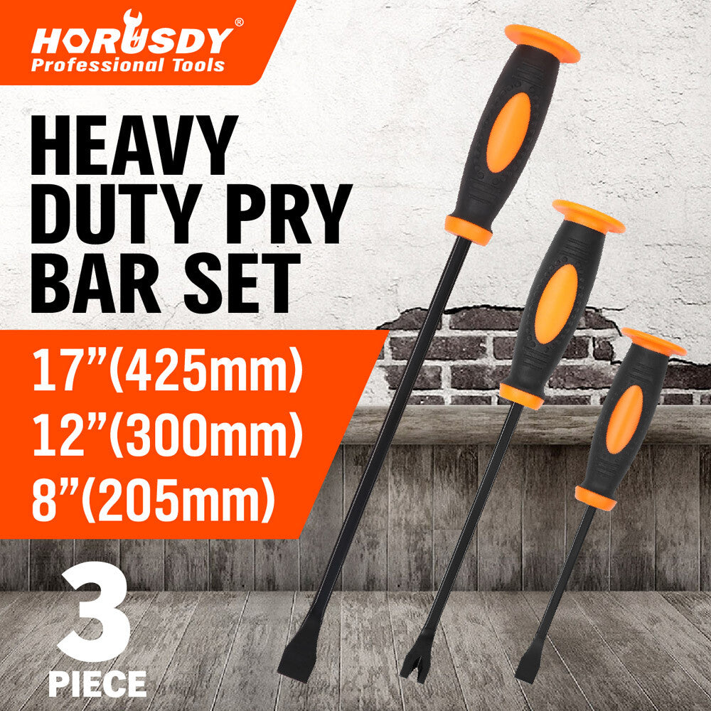 3pc Pry Bar Set Crowbar Strike Cap 8" 12" 17" Carbon Steel Non-slip
