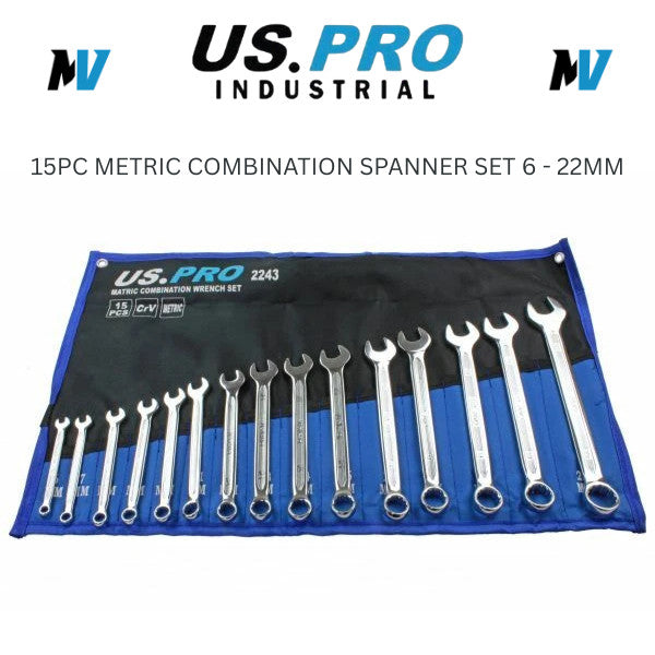 US Pro Tools 15PC Metric Combination Spanner Set 6 - 22MM