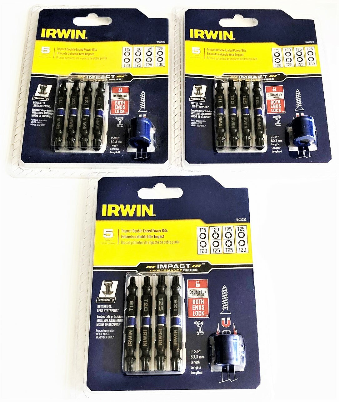 3 IRWIN 5pc IMPACT TORX DOUBLE END SCREW DRIVER BIT SET