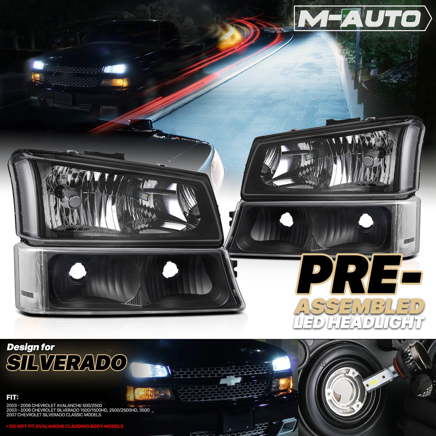LH+RH Clear Headlight+Packing+6000K LED Bulb for 2003-2