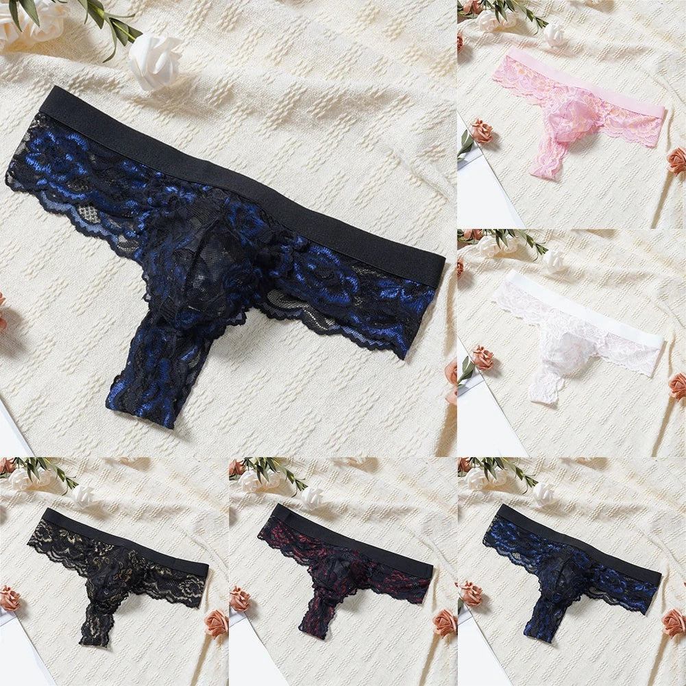 Men's Sheer Floral Thong Underwear - Lace Mesh Bulge Pouch T-back