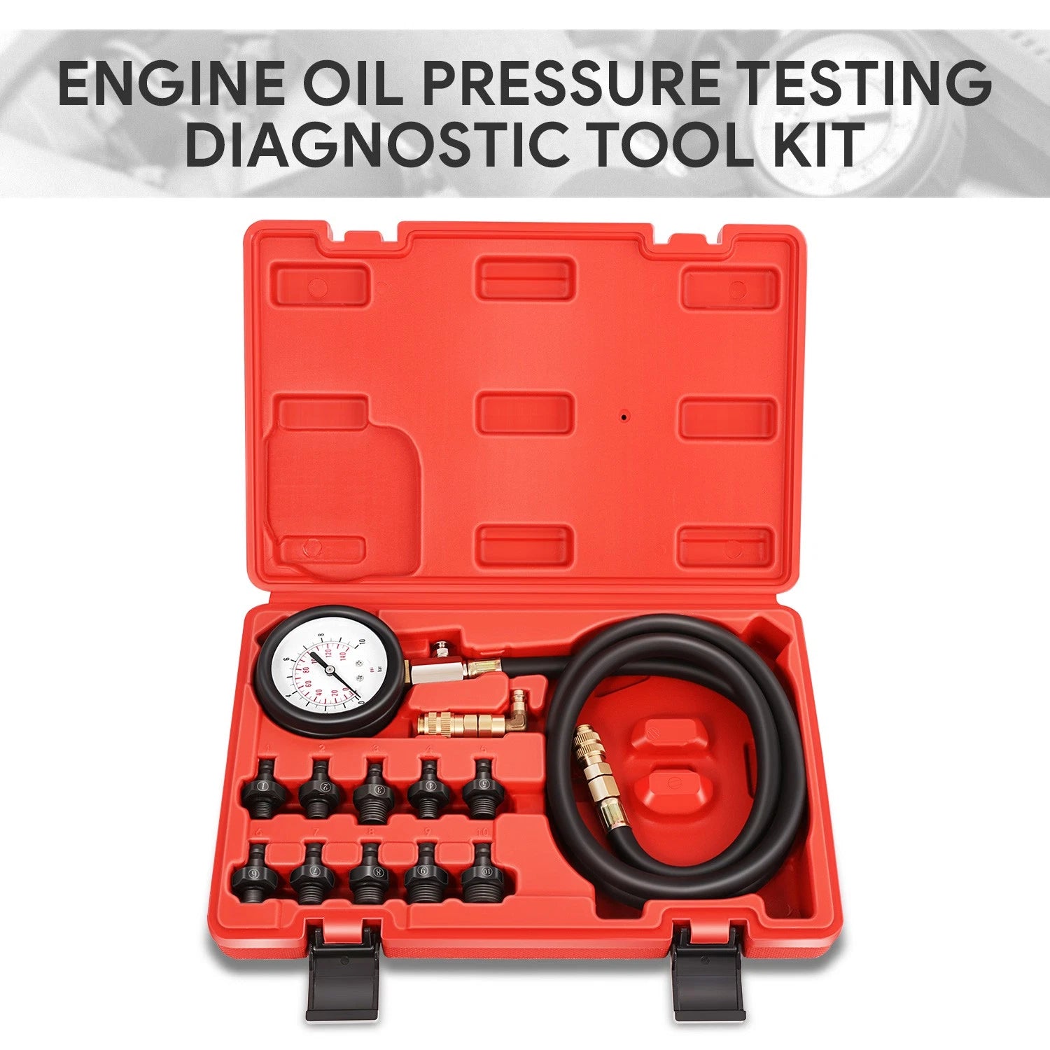 Red Engine Oil Pressure Test Kit Dual Range Scale Gauge Carrying Case