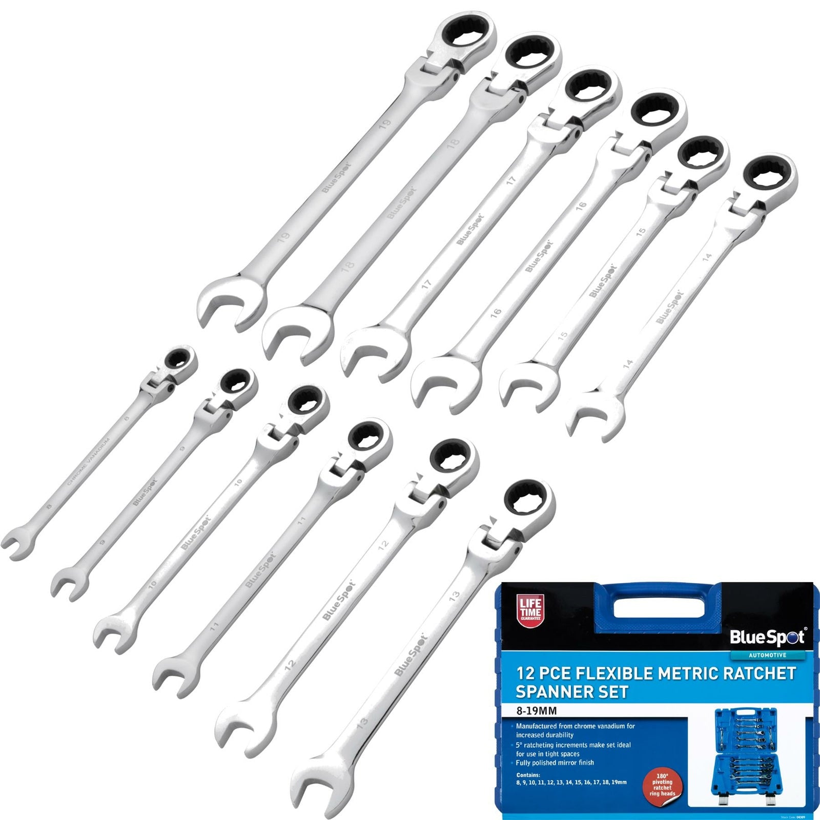 BlueSpot 12pc Open & Closed Ended Flexible Ratchet Spanner Set by BlueSpot