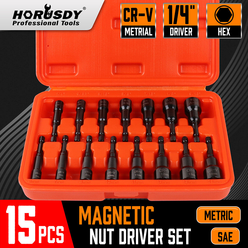 15PC Magnetic Nut Driver Setter Bit Nut Driver Mm & Sae 1/4" Shank