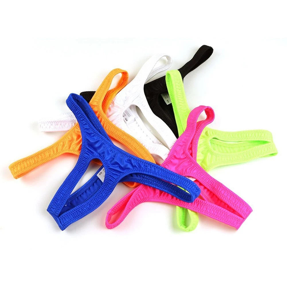 Men's Fluorescent Ice Silk Thong Underwear Sexy Open Pouch Briefs