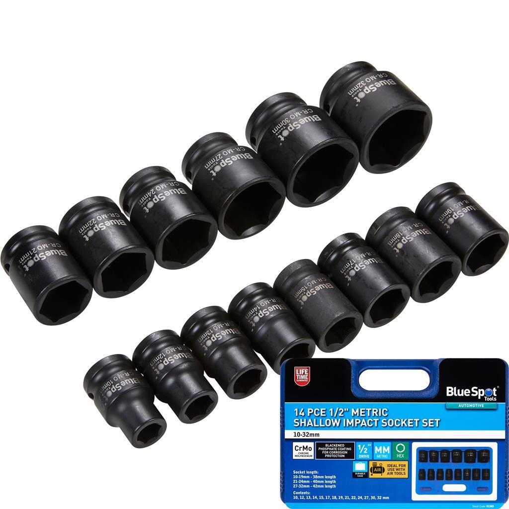 BlueSpot 14pc Metric Shallow Impact Socket Sockets Set 10mm - 32mm 1/2" Drive Op