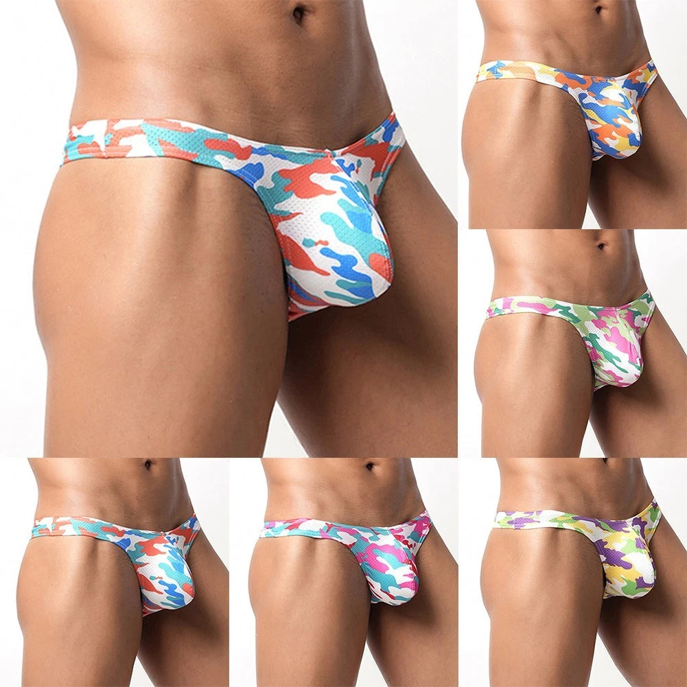 Low Waist Mens Thong Underwear Breathable Print With Bulge Pouch And