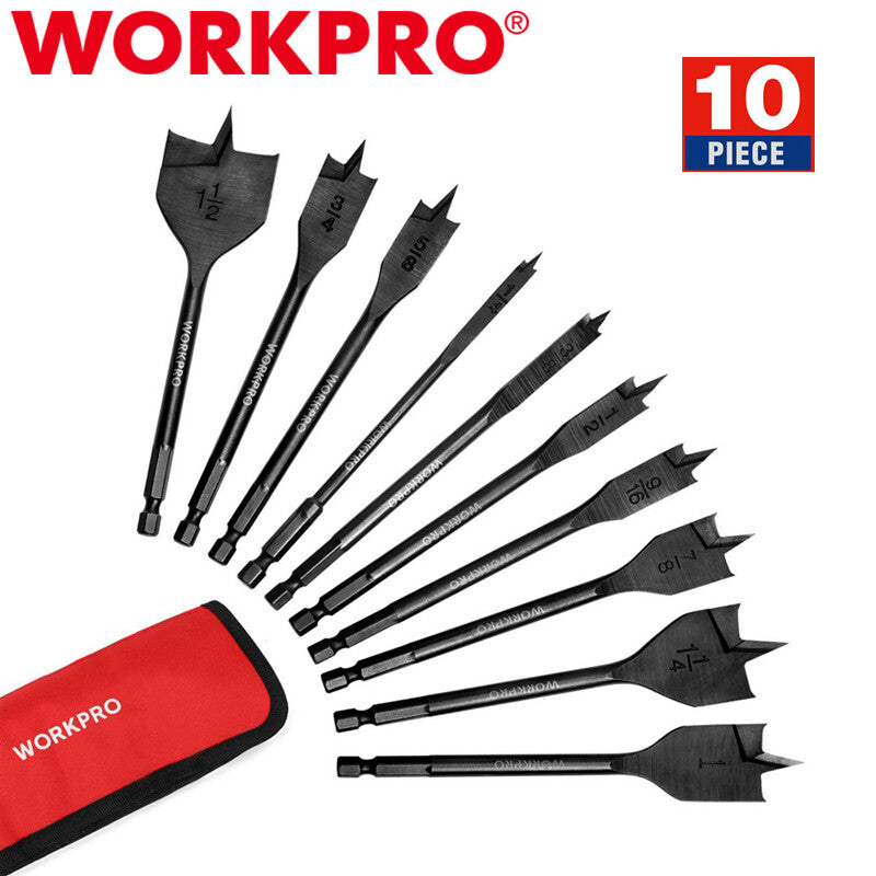 WORKPRO 10PC Spade Drill Bit Set Premium Carbon Steel Paddle Flat Bits