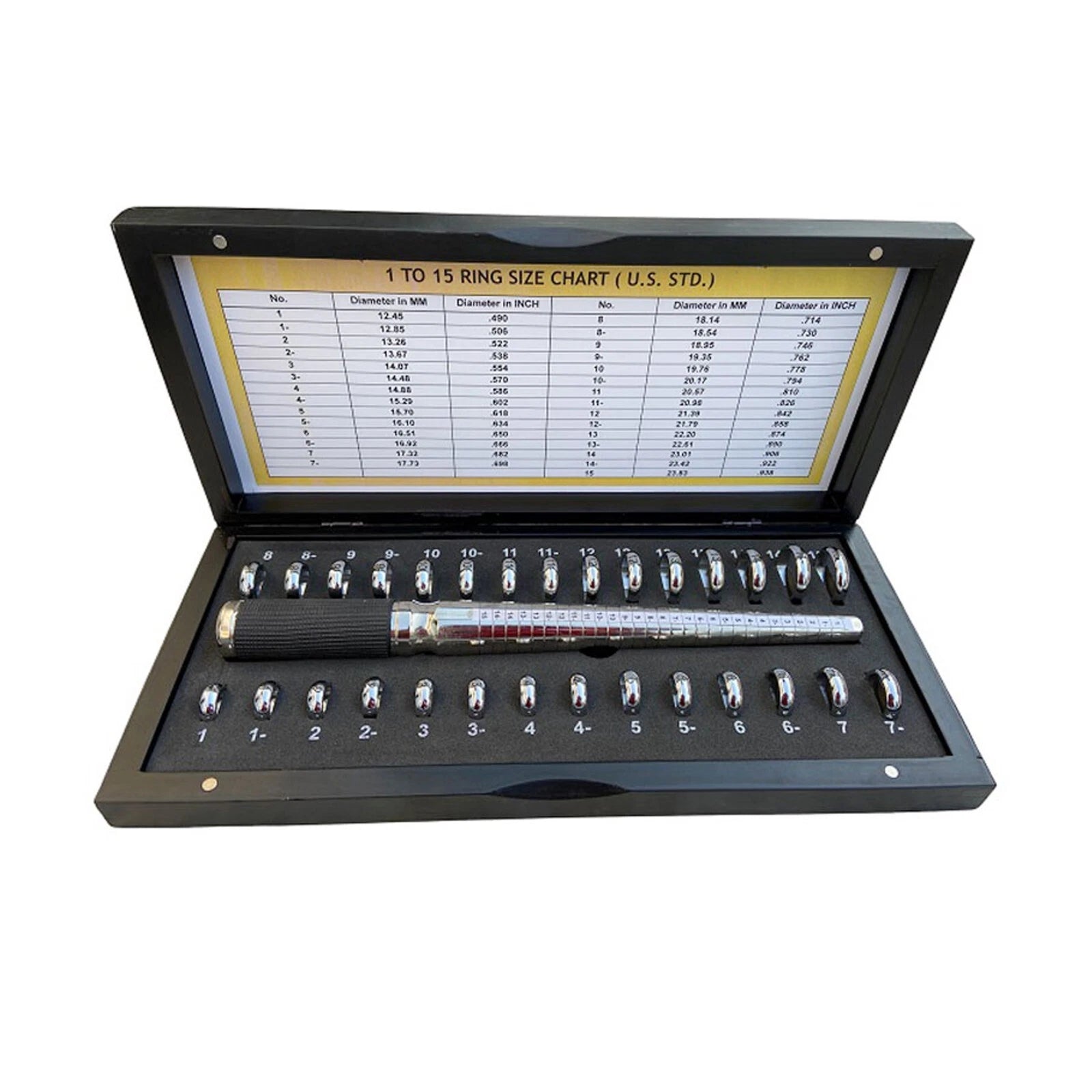 Wedding Ring Gauge Sizes 7 Mm And 1-15 With Black Wooden Box -