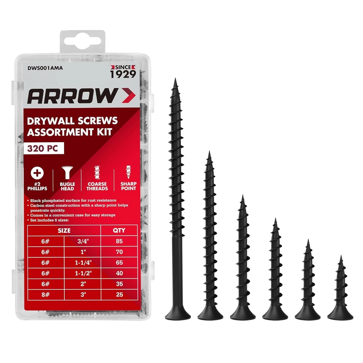 Arrow 320PCS Drywall Screws Assortment Kit Black Wood Screws Phillips Bugle Head