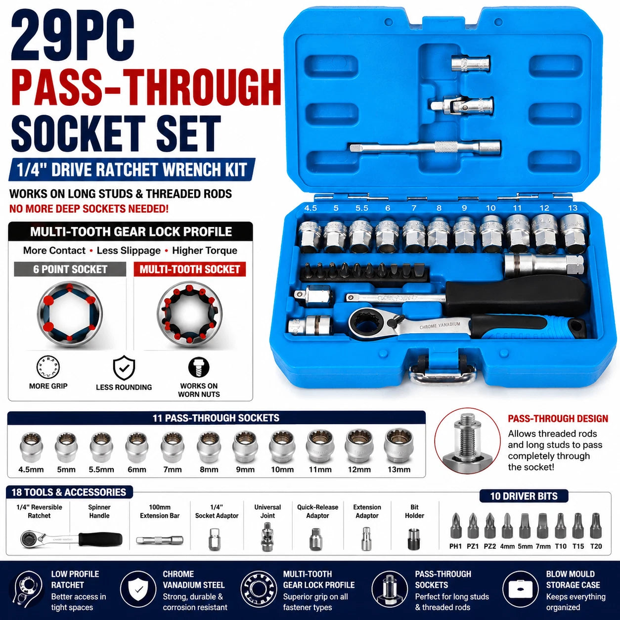 1/4" Dr. Pass Through Socket Set Multi-tooth Gear Lock Ratchet Wrench
